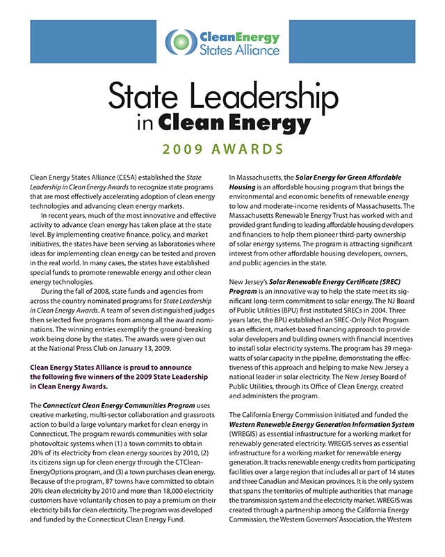 2009 State Leadership in Clean Energy Awards Case Studies Clean Energy States Alliance