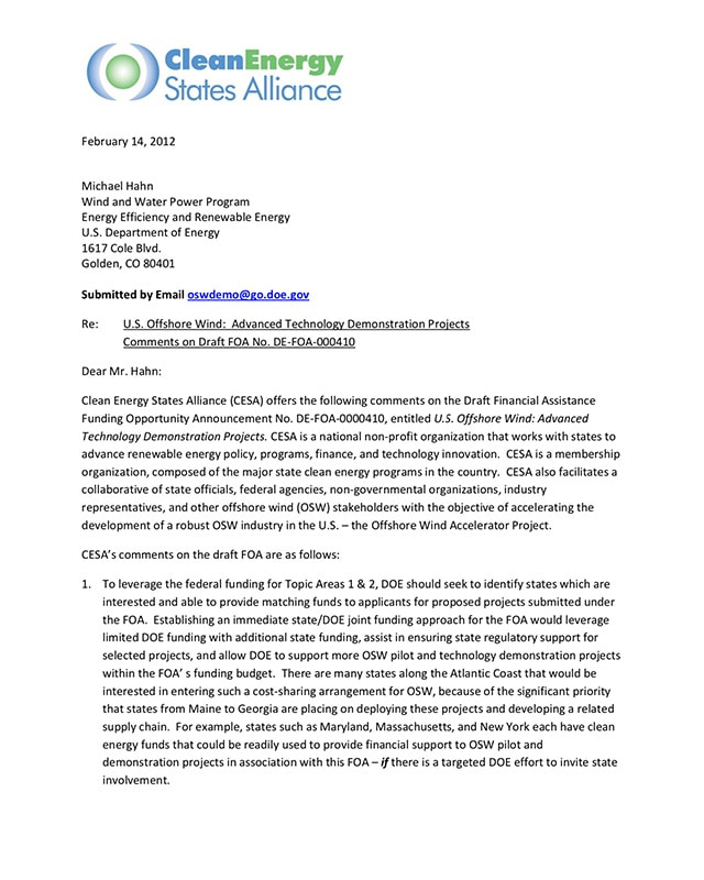 CESA Comments on Draft DEFOA0000410 Joint State/ DOE